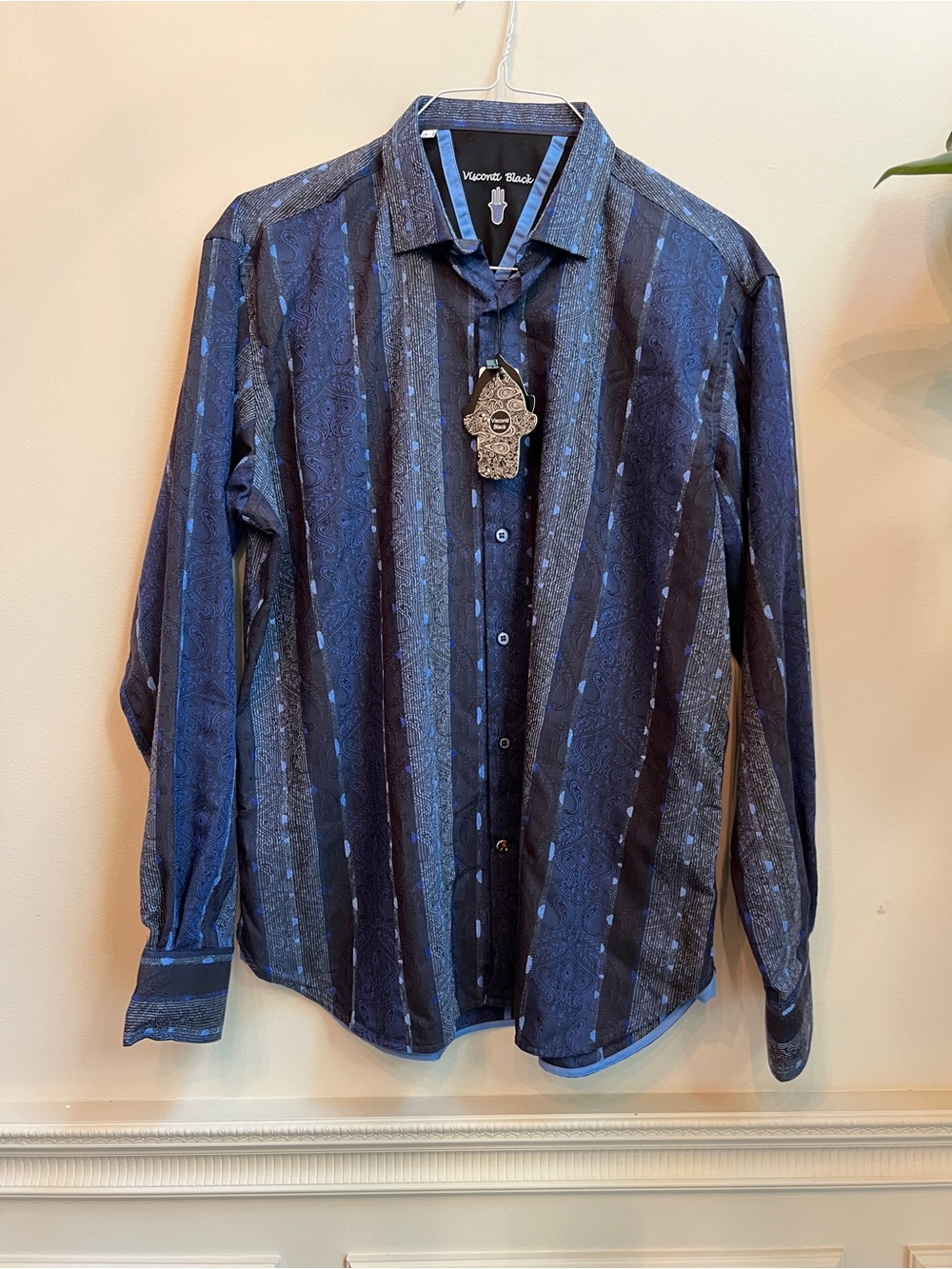 Vicente Black Men's Navy Blue Paisley-Stripe Button-Down Shirt
